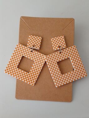 Fashion Jewelry Orange and White Checkered Square Drop Earrings